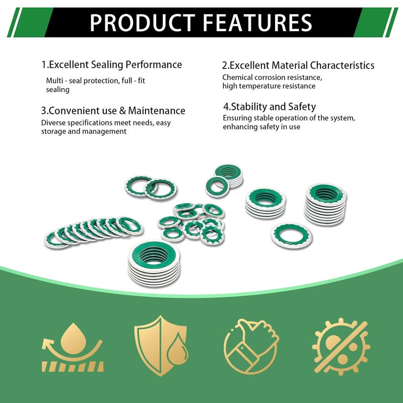 Japtend 160PCS Air Conditioning System Compressor Seal Washers Assortment Kit, 6 Sizes Automotive A/C Compressor Port Bonded Seal Gasket Kit (Green) - Image 3
